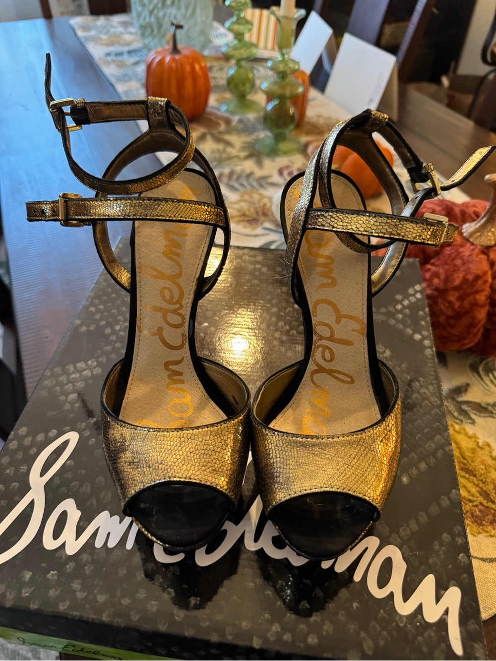 Sam Edelman Metallic Gold Strappy Peep-Toe Heels